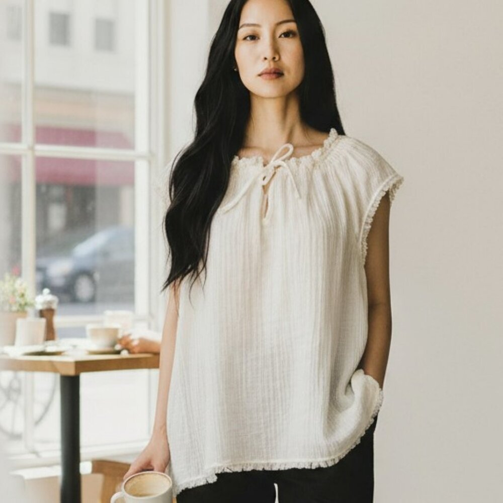 New True Craft Womens Medium Ivory Short Sleeve Fringe Gauzy Blouse Top Shirt M